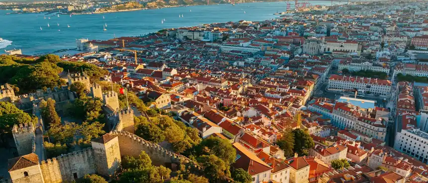 Aerial view of Lisbon's Pombaline grid and the Tagus estuary