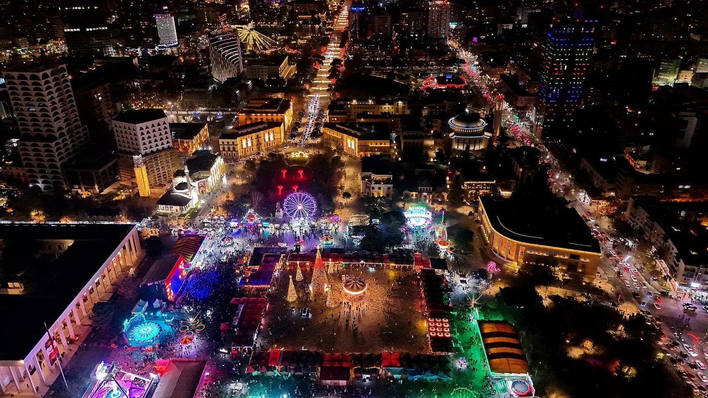 Tirana, the capital of Albania, from above at night