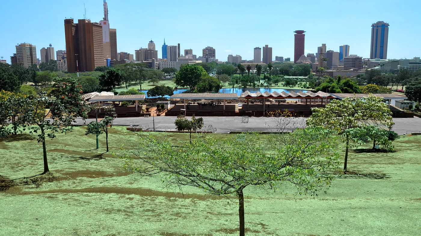 The skyline of Nairobi, Kenya, seen across Uhuru Park
