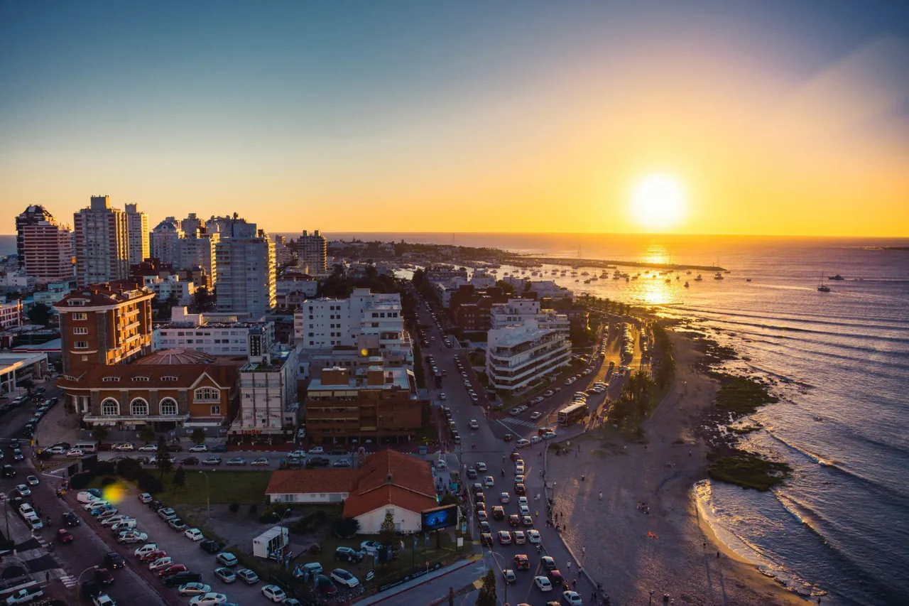 Aerial view of Punta del Este, Uruguay, at sunset over the Atlantic