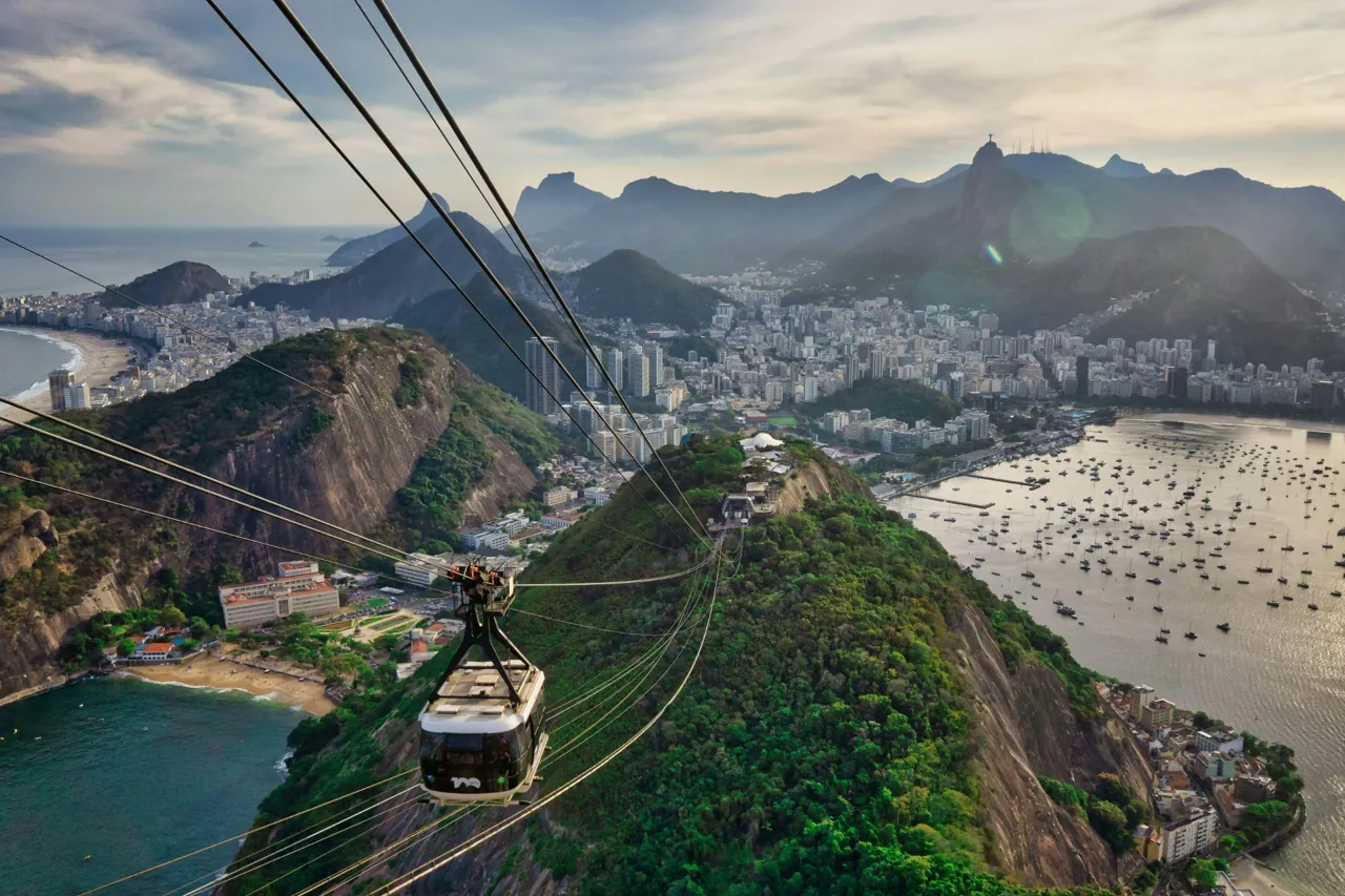 Sugarloaf Mountain cable car above Rio de Janeiro and Guanabara Bay
