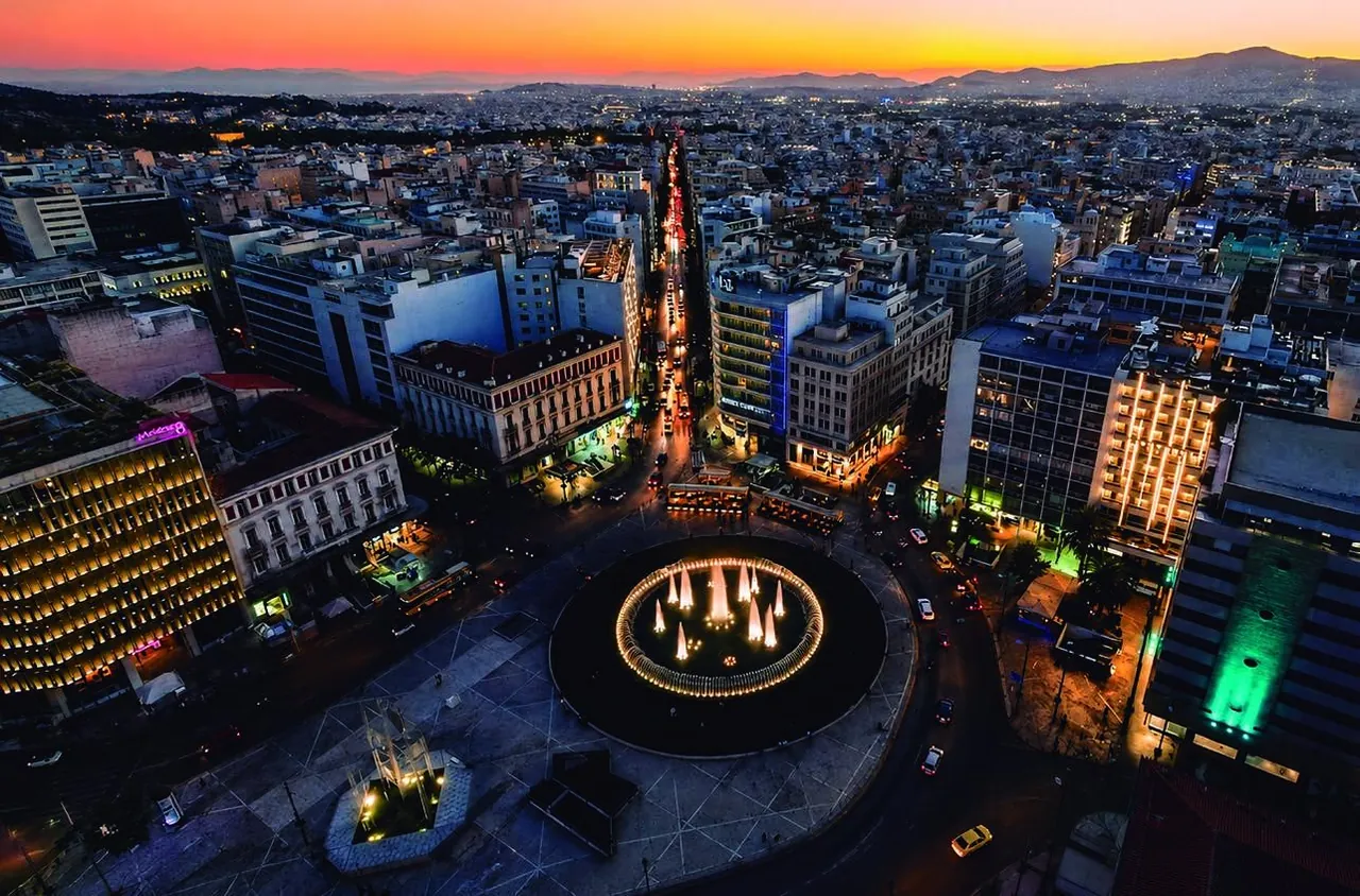 Omonia Square in central Athens at dusk, seen from above