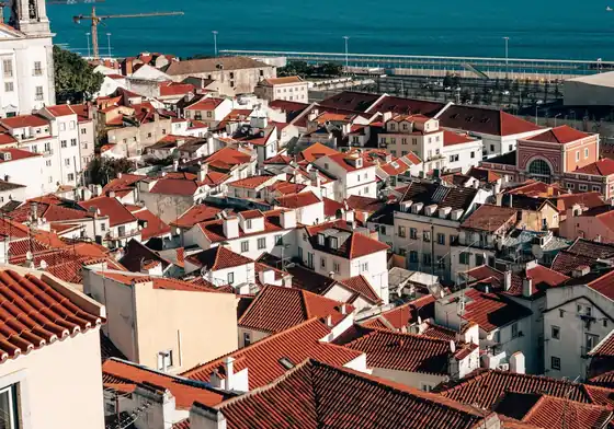 Alfama rooftops and the Tagus from a Lisbon miradouro