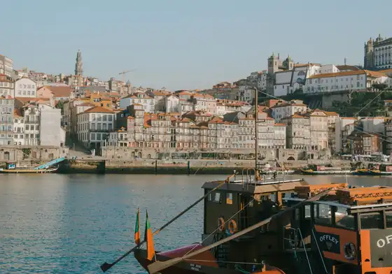 A traditional rabelo boat moored on the Douro below the Ribeira