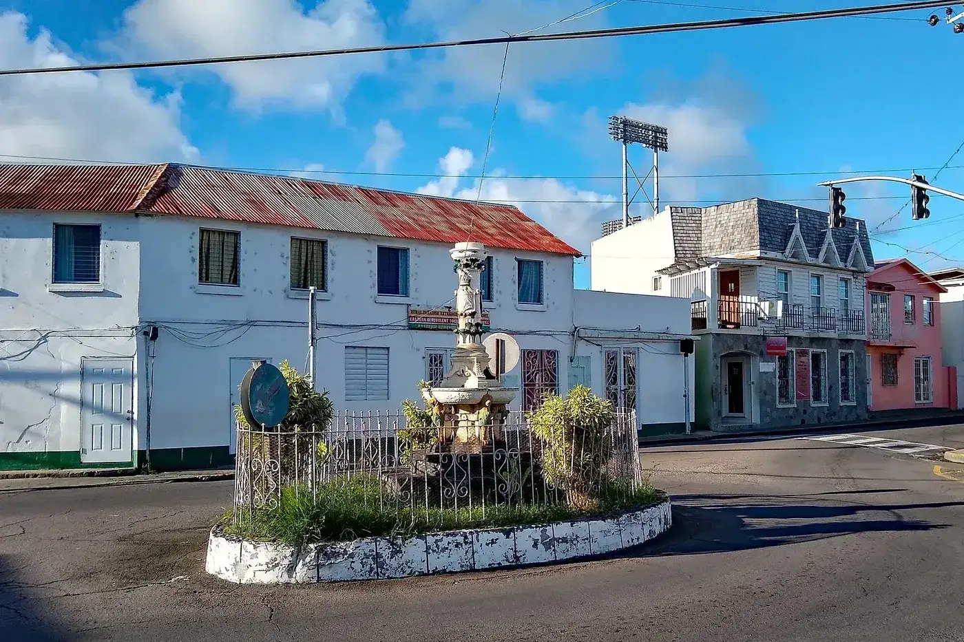 The old fountain and colonial buildings in Basseterre